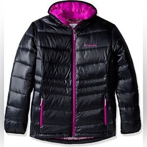 COLUMBIA Girls 550 TurboDown Hooded puffer down Jacket black purple M 10/12
